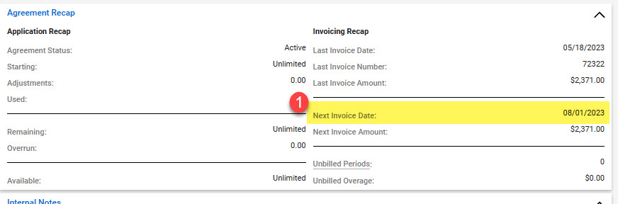 The invoicing recap section of the ConnectWise agreement showing the next invoice date for the agreement