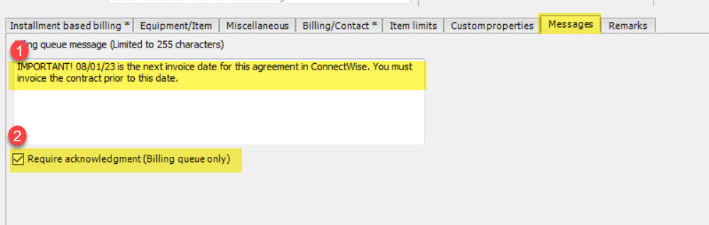 The message tab of the EA contract showing the billing queue message that is added by the sync