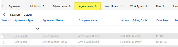 List of agreements for a company in CW