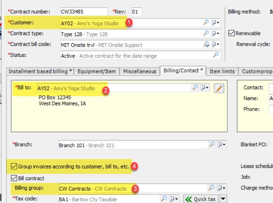 Fields on the contract that have to match to be able to group bill contracts: customer, bill to, billing group, check the group invoices option