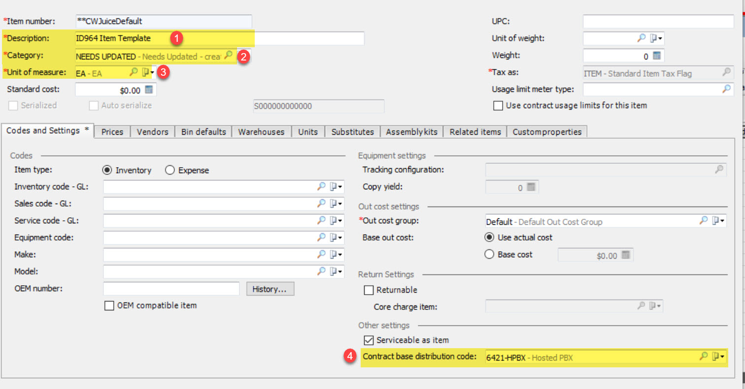 Item template fields to update: description, category, unit of measure and contract base distribution code