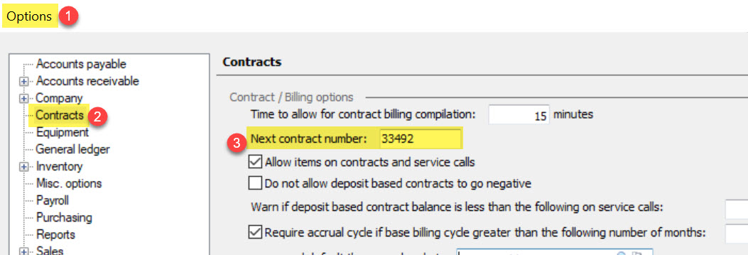 Go to the tools menu and select options. Then click on contracts and you will see the setting for the next contract number