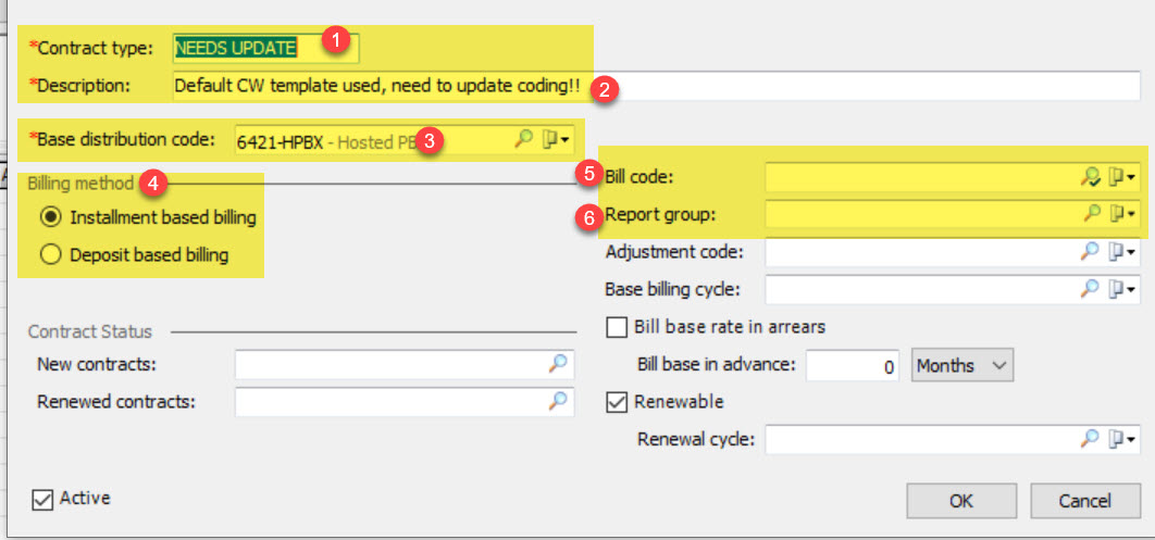 Example of a contract type in EA showing the fields that you can set: contract type, description, base distribution code, billing method, bill code and report group