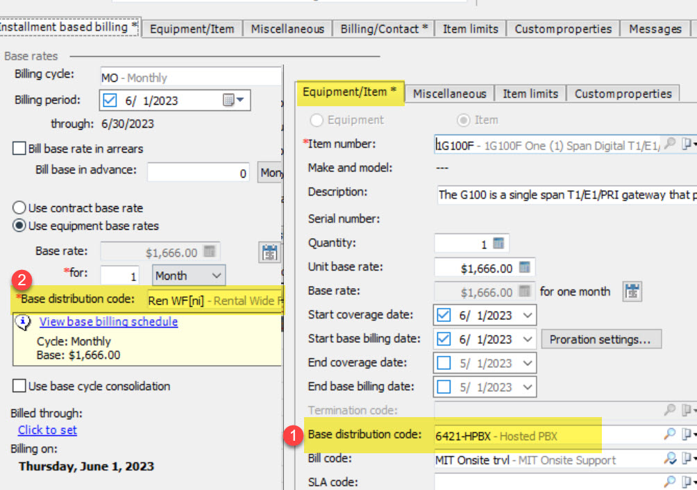 Example of the base distribution code hierarchy, EA uses the code set at the equipment/item level and if no code is set there then the code from the installment based billed tab is used.