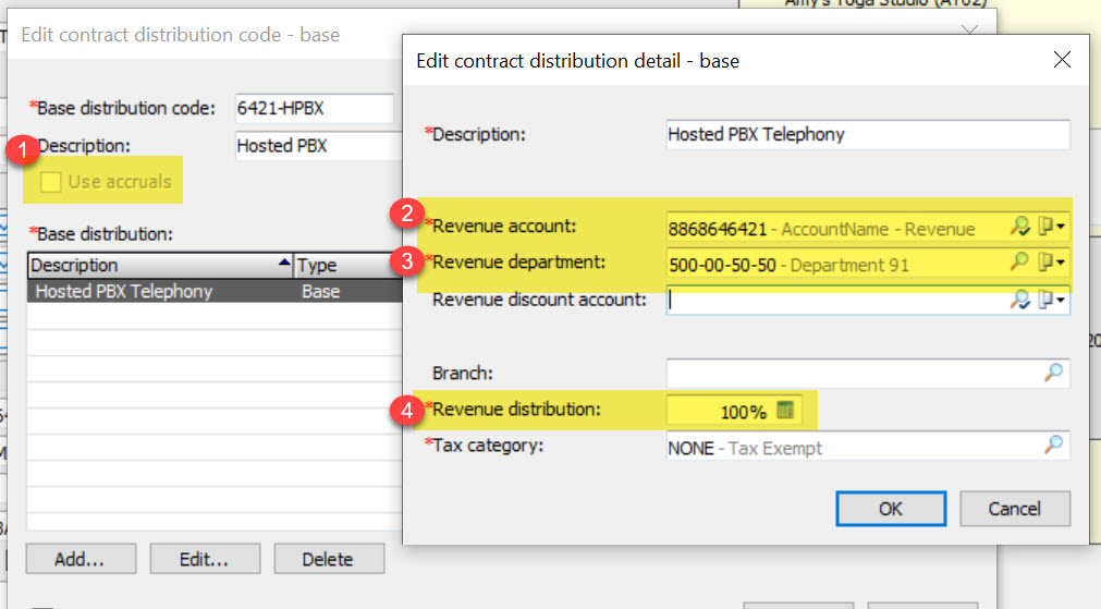 Example of a contract base distribution code showing where the revenue account, revenue department and revenue distribution percent is set