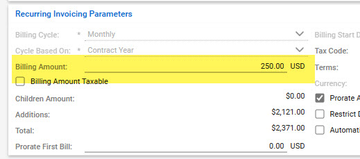 The recurring invoicing parameters of the CW agreement with the billing amount highlighted