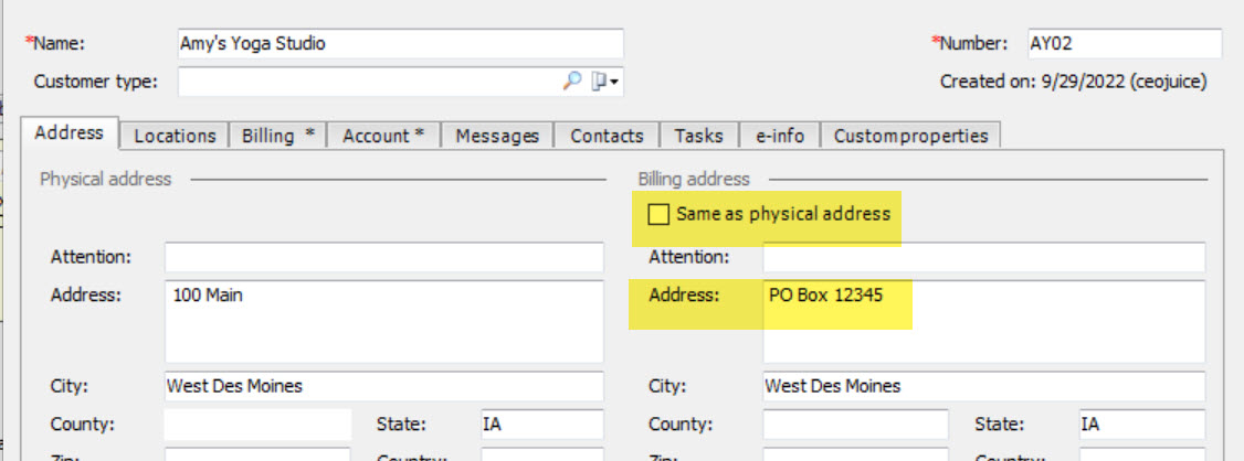 Address tab of the EA customer record with the option to set the Billing Address to a different address than the main customer address