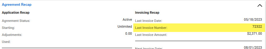 Invoicing recap pod of the CW agreement showing the last invoice number