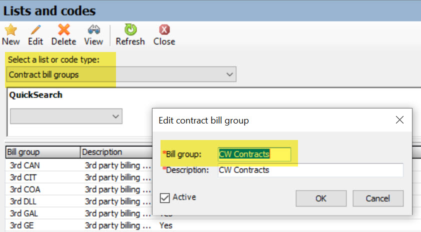 Contract bill groups are found in EA by going to Tools and then Lists and codes and then selecting contract bill groups from the drop down list. Bill groups only contain two fields: bill group an description