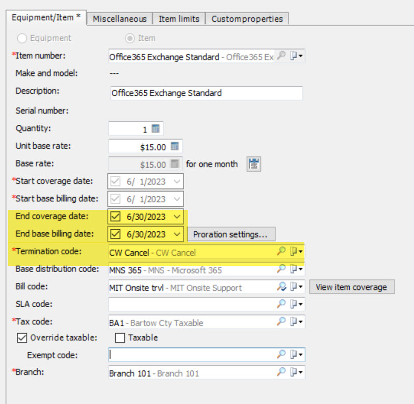 Item on a contract showing that the end coverage dates and the termination code have been updated. This is done when the item is not billed on the current invoice from CW