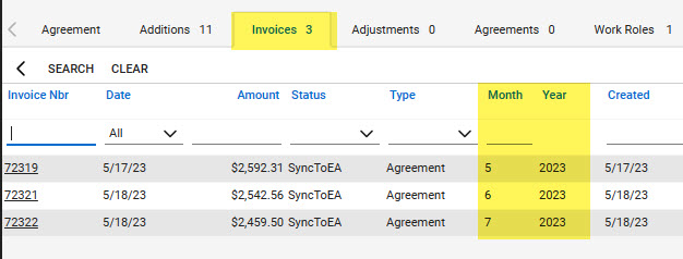Invoices tab of the CW agreement showing the invoices that have been created for the agreement with the month and year highlighted as the sync uses these two values to set the billing period in EA