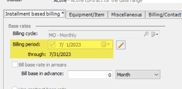 Installment based billing tab of the EA contract with the billing period highlisted. Billing period will always be set to the first of the month for the month and year from CW