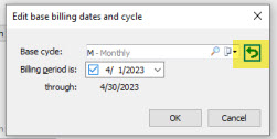 Edit base billing dates and cycle popup in EA, highlighting the green arrow you need to click on to reset the billing period