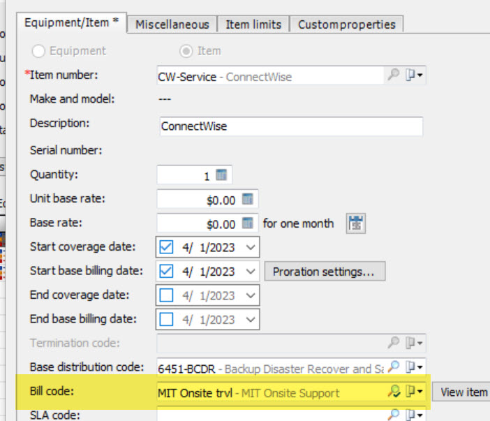 An equipment/item record on the EA contract showing the bill code at the item level. 