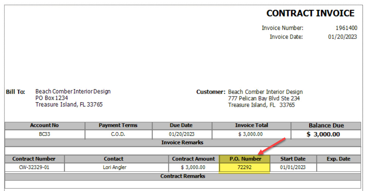 EA contract invoice sample showing that the PO number on the invoice matches the CW invoice number.