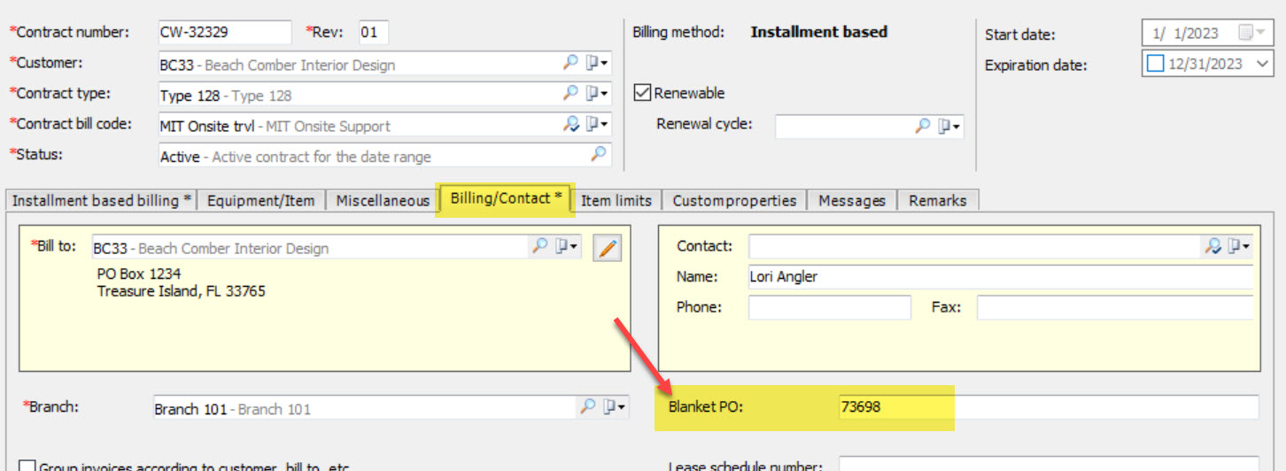On the billing and contact tab of the EA contract the Blanket PO field is highlighted showing that it contains the CW invoice number