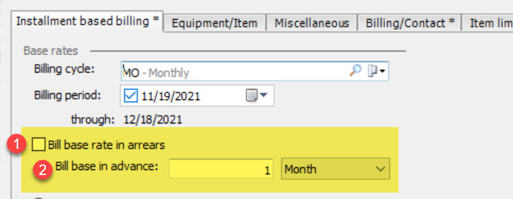 Options on the installment based billing tab on the EA contract to set the billing to either bill in arrears or bill in advance