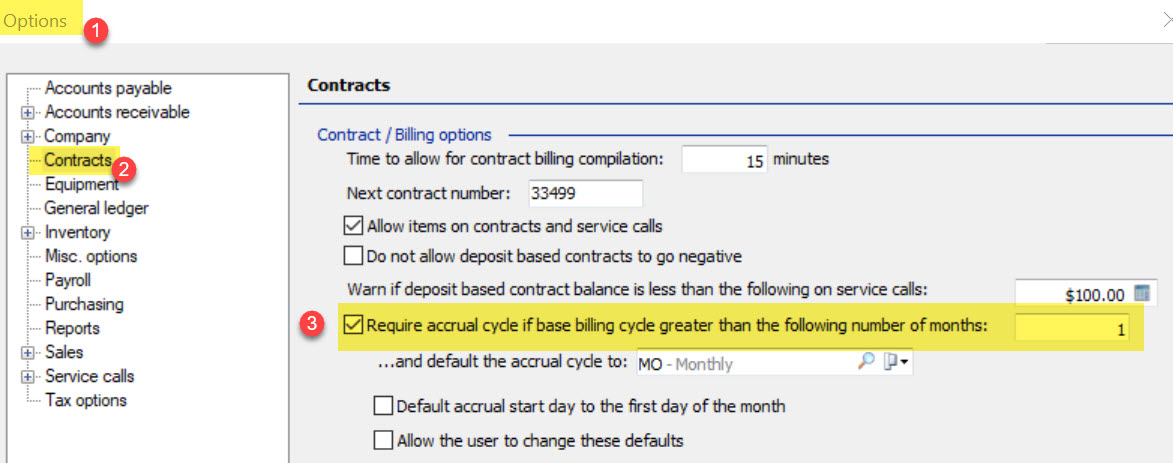 Option settings in EA for contract accrauls, found by going to the Tools menu and selecting Options. Then click on contracts and find the Require accrual cycle option
