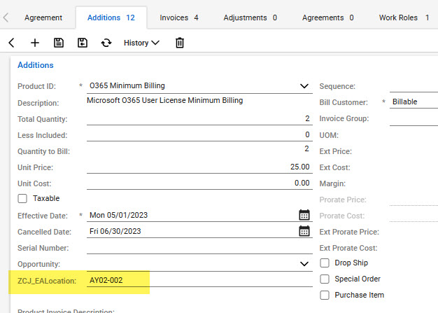 Example of an addition on a CW agreement that has the ZCJ_EALocation custom field populated with the EA customer number
