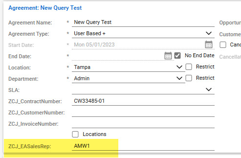 CW agreement example showing the custom field ZCJ_EASalesRep
