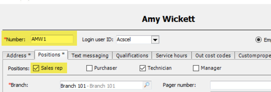 Employee record in EA showing that hte sales rep option needs to be checked on the positions tab