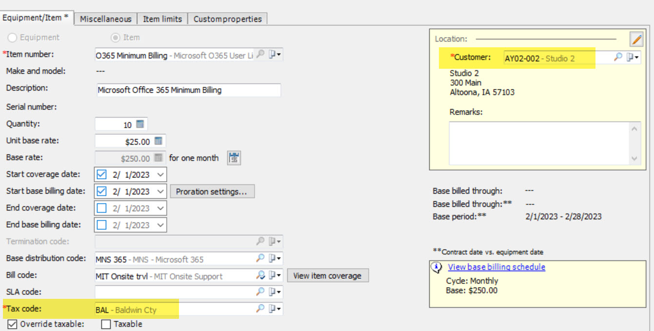 Example of an item on an EA contract where the customer is set to the location customer specified on the addition custom field in CW