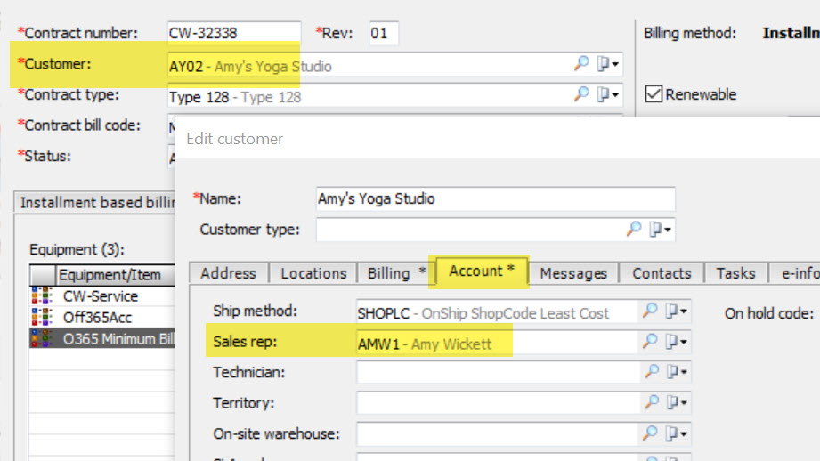 EA Customer record showing the assigned sales rep on the account tab