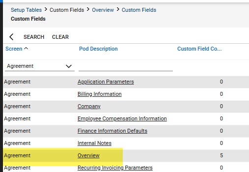 The ZCJ_ContractNumber custom field is created within the Agreement Overview section of custom fields
