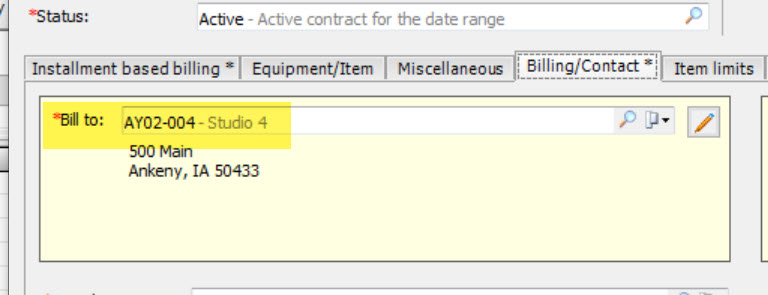 Billing and Contact tab of the EA contract record with the bill to highlighted show the linking to the billing site from CW