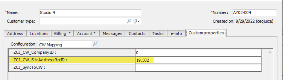 Custom properties tab of the EA customer record showing the ZCJ_CW_SiteAddressRecID custom property populated with the Site AddressRec ID from CW