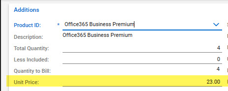 Image from ConnectWise showing the unit price for an addition on an agreement