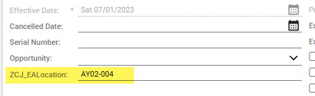 Image from ConnectWise showing the custom field for the EA location number populated on the agreement additions