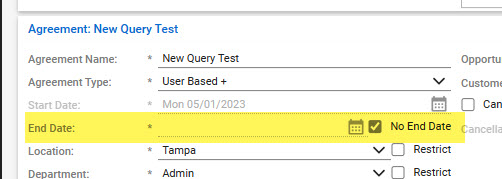 Agreement from ConnectWise with the end date and checkbox for no end date highlighted