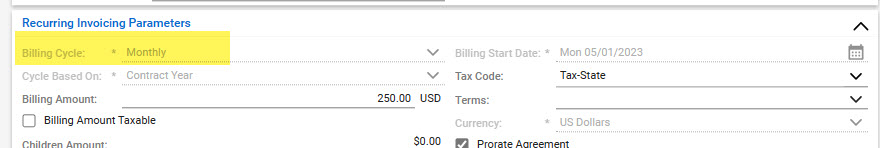The recurring invoicing parameters section of the ConnectWise agreement with the billing cycle highlighted