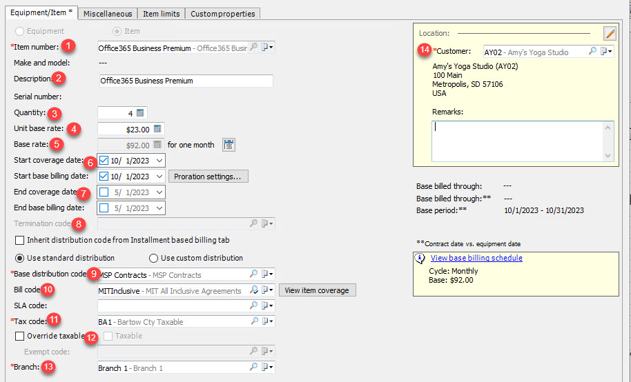 Contract item record showing the fields updated by the sync: Item number, Description, Quantity, Unit base rate, Base rate, Start coverage date, Start base billing date, End coverage date, end base billing date, base distribution code, bill code, tax code, override taxable, branch and location customer