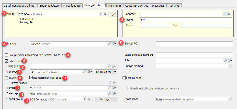 The contract billing and contact tab of a contract in EA. Fields touched by the sync are: bill to, branch, group invoices, billing group, tax code, use equipment tax codes, terms, sales rep, report group, contact name and blanket PO