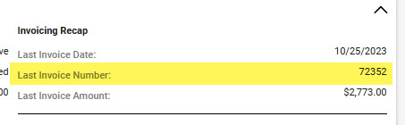 The invoicing recap section of the ConnectWise agreement showing the last invoice number