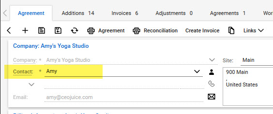 ConnectWise agreement record with the contact name highlighted