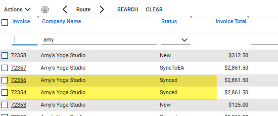 Screenshot of the invoice list in CW with an example of when the sync updates the status on an invoice that has synced to reflect the synced status