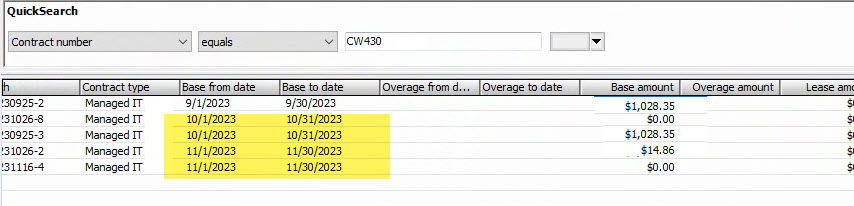 Screenshot from EA contract invoice list showing that there are multiple invoices for one contract for the same billing period. Void and reset any zero dollar invoices.