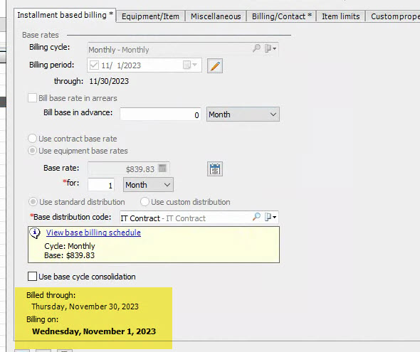 EA contract installment based billing tab showing the billed through date on a contract is after the next billing on date. This can indicate that the contract was updated by the sync after it had been billed in EA. This can cause zero dollar invoices to be created in EA