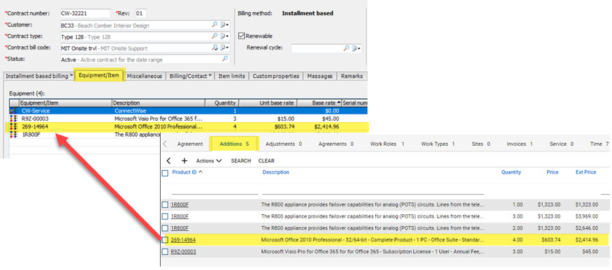 Screenshot showing the items listed on the EA contract and the additions listed on the agreement in CW