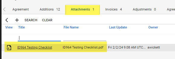 Attachments tab of the CW agreement showing linked attachments