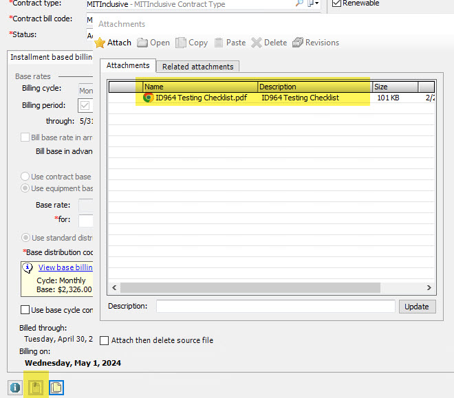 EA contract showing how to access the attachments by click on the paperclip icon