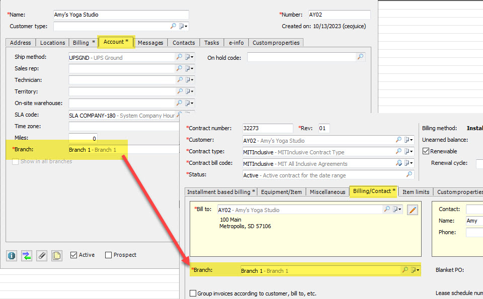 The Branch is on the billing and contact tab of the contract, the branch value is set based on the branch on the account tab of the customer record set at the header level of the contract