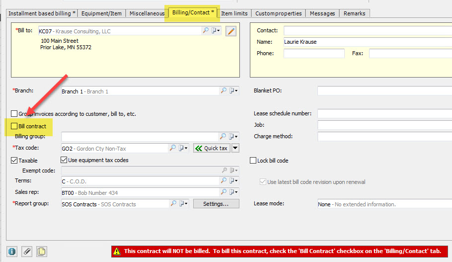 EA billing contact tab of the contract showing the bill contract option unchecked