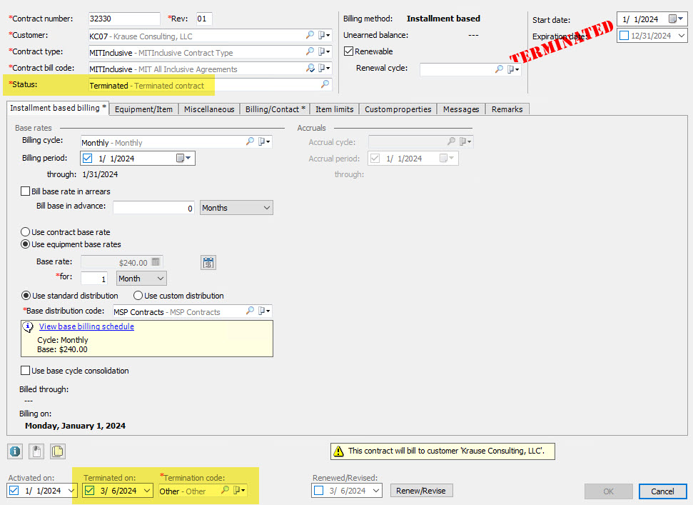 Example of a terminated contract in EA