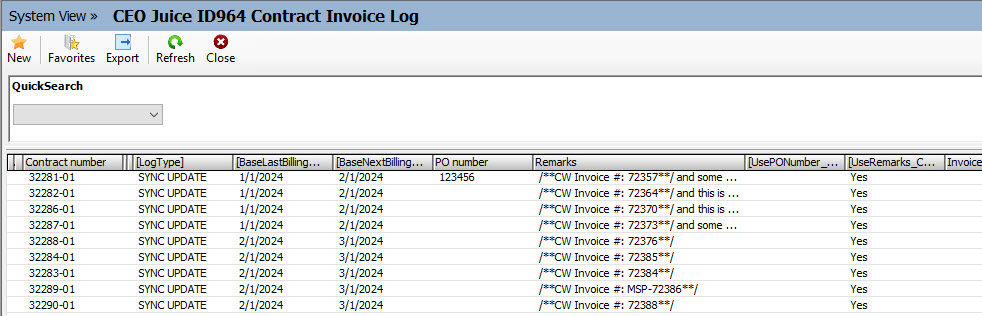 Example of the CEO Juice ID964 Contract Invoice log eview