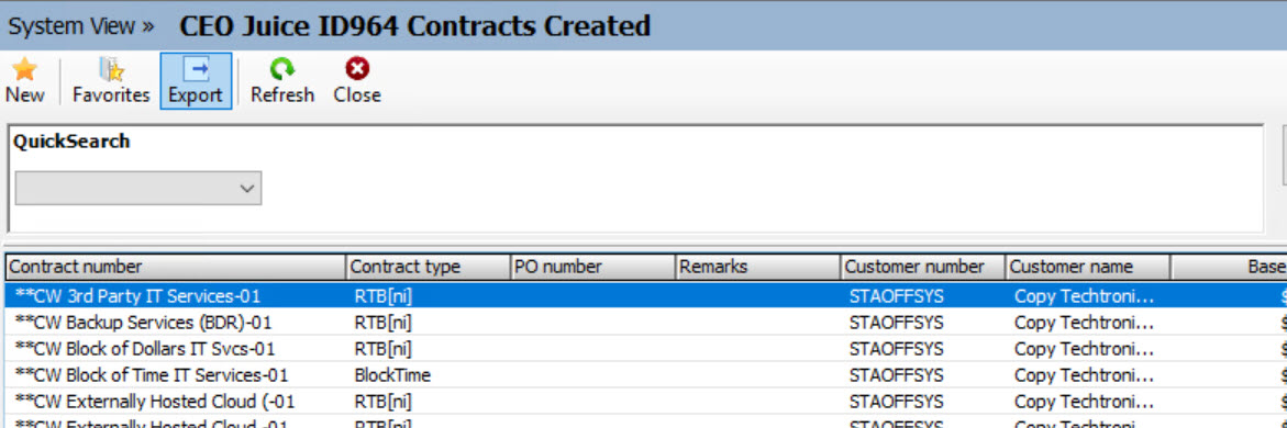 Example fo the CEO Juice ID964 Contracts created eview