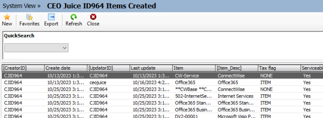 Example of the CEO Juice ID964 Items created eview